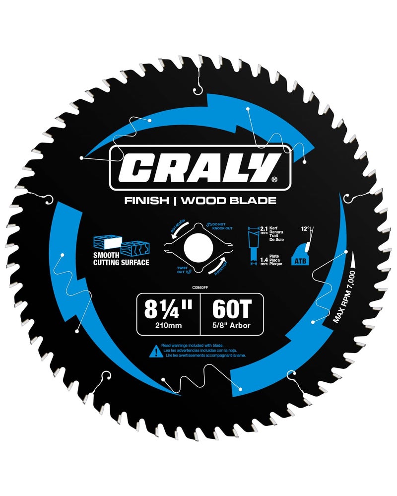 CRALY 8-1/4 Inch 60 Teeth Ultra Fine Finish Wood Cutting Circular Saw Blade, 5/8 Inch Arbor, Carbide Tipped, Thin Kerf, Black Ice™ Coating, for Plywood, MDF, OSB, Laminated(C0860FF) - Image 1